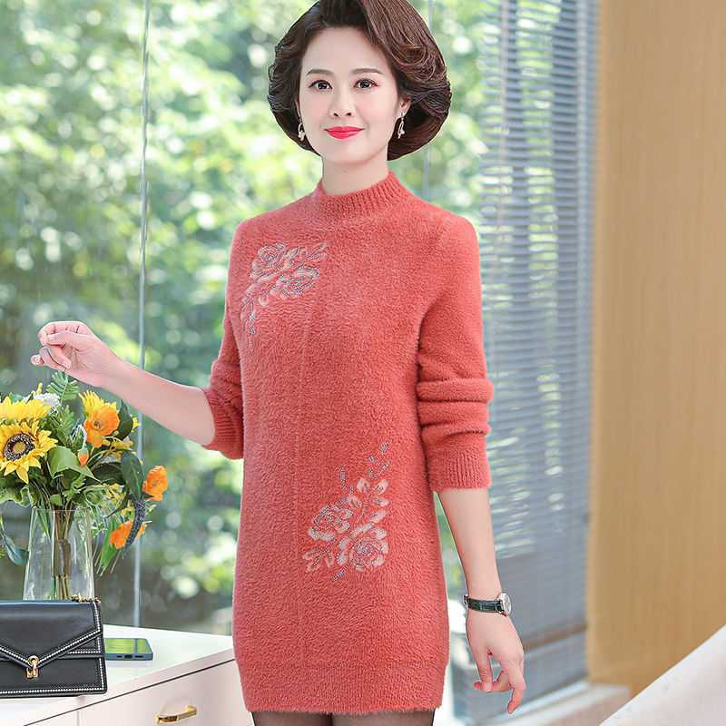 Mom dressed up in mink plush sweater with a foreign vibe40year50Mid to elderly women's mid length autumn/winter thickened bottom shirt