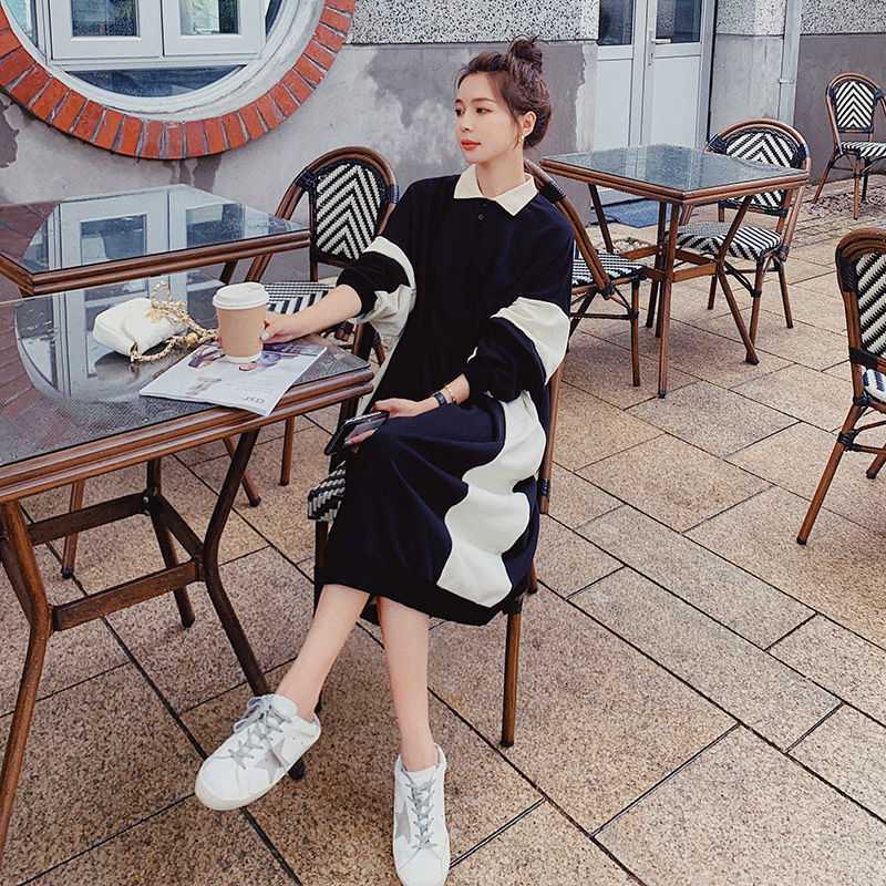 fatMMExtra Large300Jin Sweater Long Dress Autumn and Winter Loose Hide Meat Show Thin Combination Contrast ColorPOLOcollar