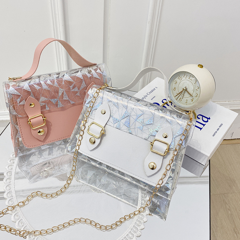 Women's bag2021Summer Korean Edition Transparent Print Contrast Double Needle Button Magnetic Button Chain Small Square Bag Handheld One Shoulder Diagonal Straddle