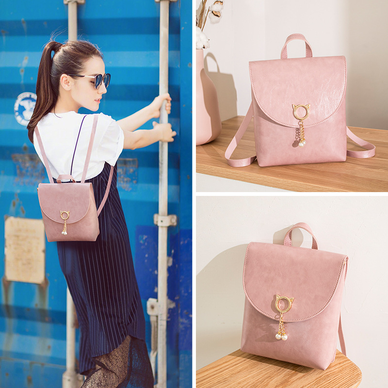 New Korean Creative Oil Wax Leather Pendant Small Backpack Trend Retro Versatile Women's Backpack Source Women's Bag