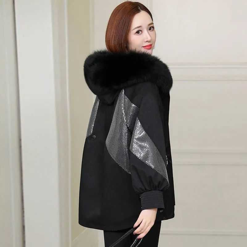 Pai Overcoming Women's New Leather Coat Fox Fur Collar Real Rabbit Fur Inner Tank Detachable Mid length Korean Fashion Coat