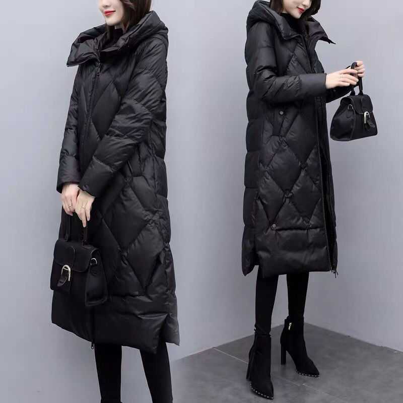 2021新款冬装韩版洋气大码女装中长款过膝黑色仿羽绒服外套加厚