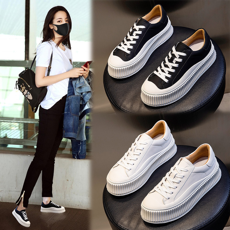 Little White Shoes Women's Genuine Leather Autumn2021New Leisure Sports Women's Lefu Single Shoes Thick Sole Elevated Flat Sole Women's Shoes