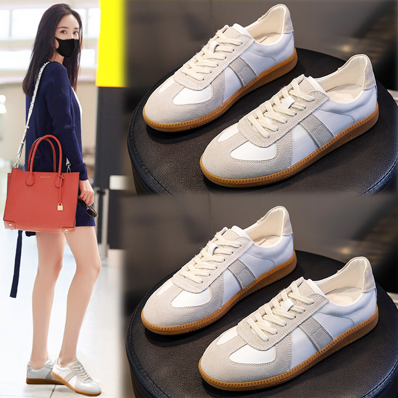 2021New Genuine Leather Women's Shoe Sports Versatile Shallow Mouth Autumn and Winter Small White Shoes Women's Flat Bottom Round Head Casual Moral Training Shoe Trend